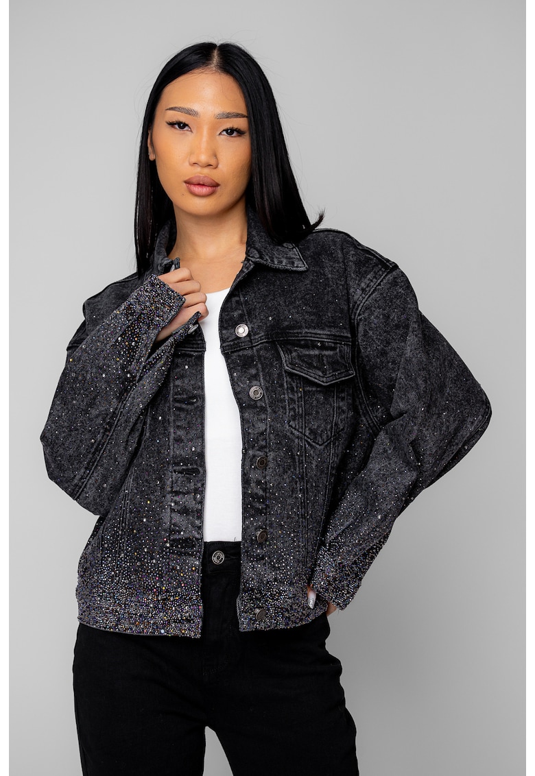 Jacheta din denim cu strasuri Black 20334 - Negru