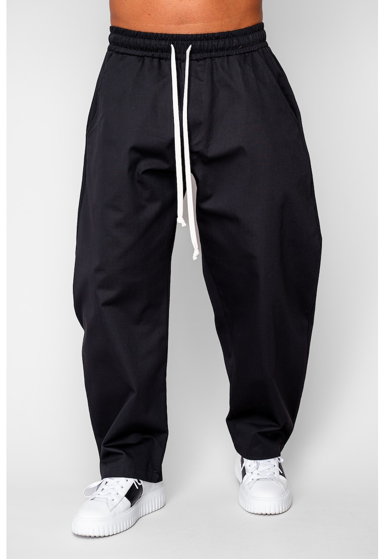 Pantaloni lungi drepti Oversized cu snur din 100% Bumbac - Premium Edition Black 20291 - Negru