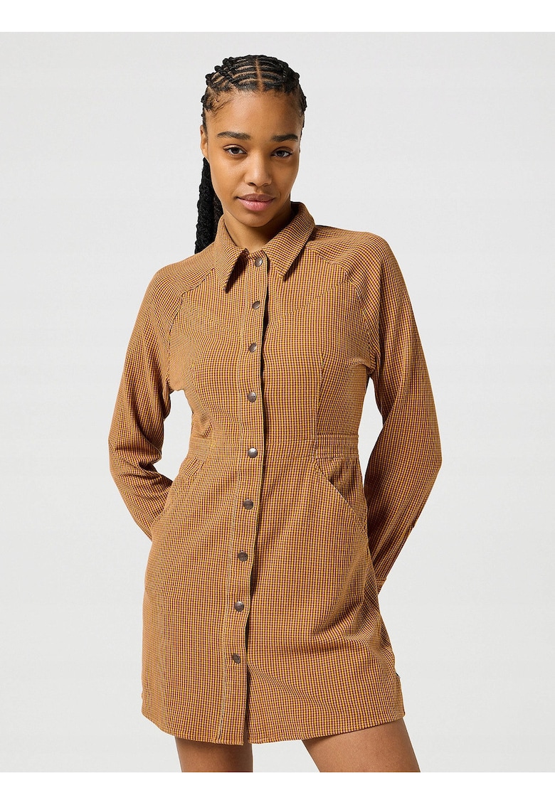 Rochie Dama - Slim Fit Dress - Regular Fit - Lungime Mini - Design Clasic - Cu Nasturi - Bumbac - Marime L - Maro