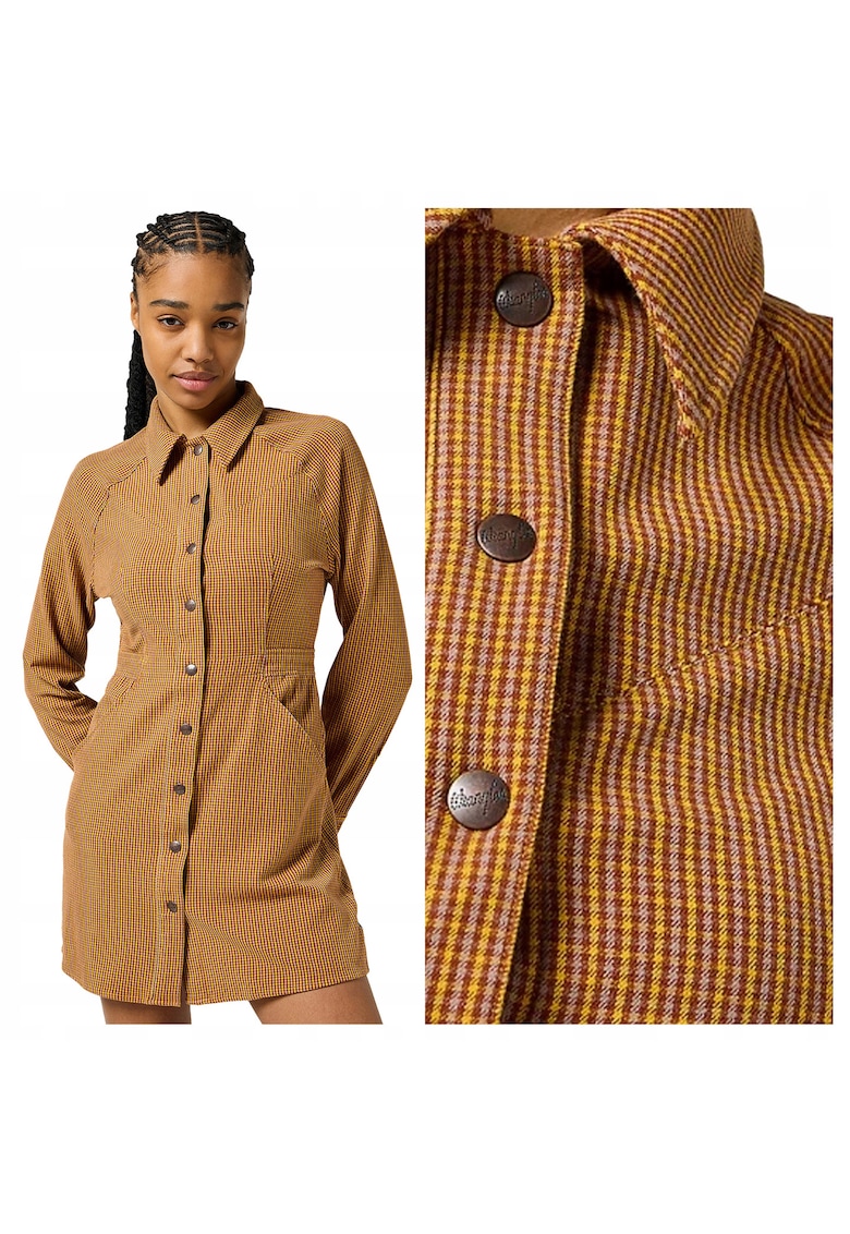 Rochie Dama - Slim Fit Dress - Regular Fit - Cu Guler - Maneci Lungi - Denim Accent - Nasturi - Bumbac - Maro - Bronz