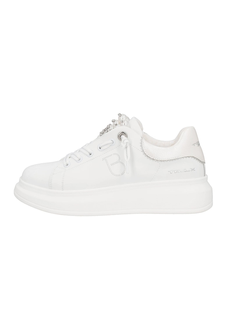 Pantofi sport din piele si piele ecologica - Alb/Bej deschis