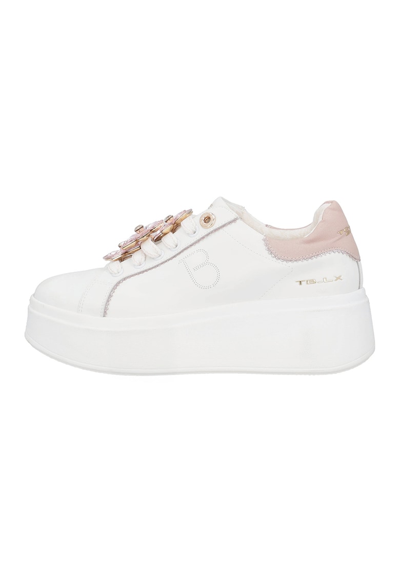 Pantofi sport din piele si piele ecologica - Alb/Piersica