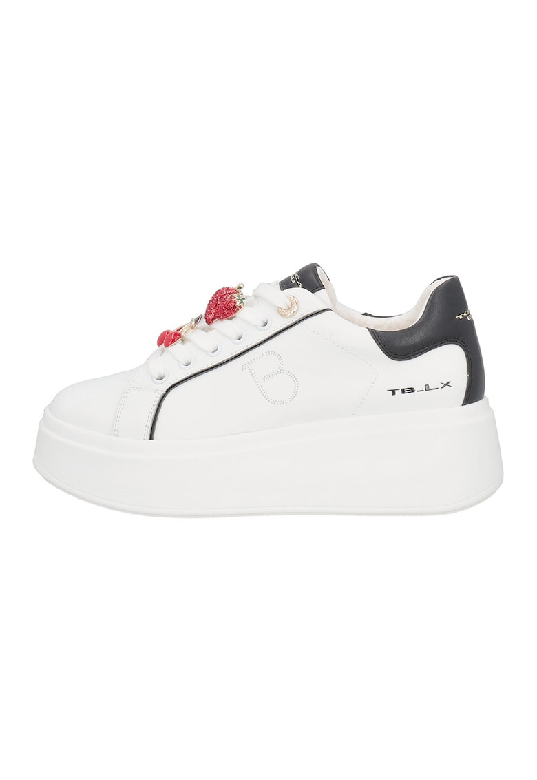 Pantofi sport din piele cu talpa wedge si talismane cu fructe - Alb/Negru