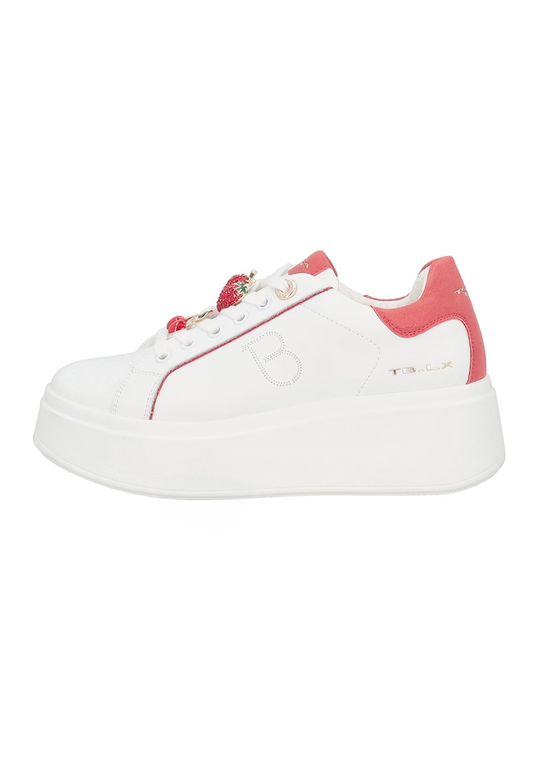 Pantofi sport din piele cu talpa wedge si talismane cu fructe - Rosu/Alb