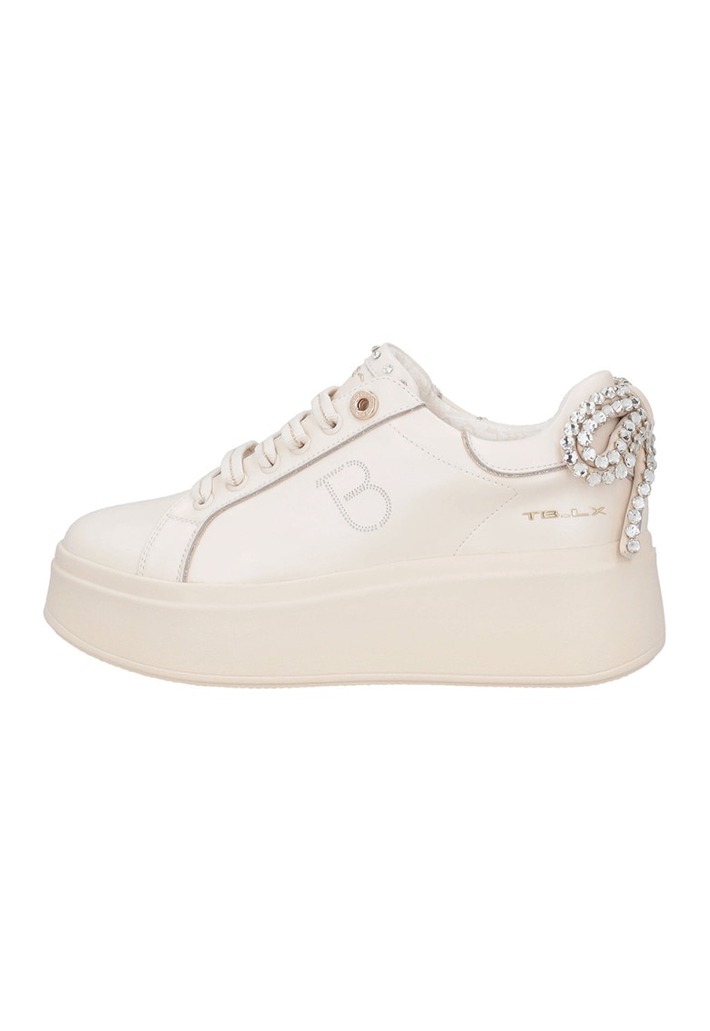 Pantofi sport din piele cu funda cu strasuri - Bej deschis