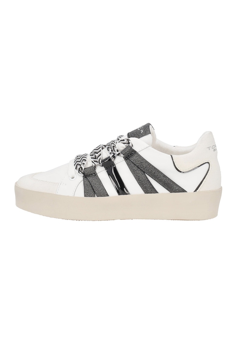 Pantofi sport din piele cu sireturi cu model herringbone - Alb/Negru