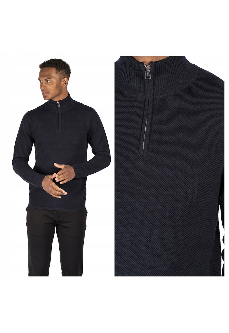 Pulover Barbati - Langdon Half Zip - Regular Fit - Maneci Lungi - Guler Inalt - Design Simplu - Bumbac - Negru - Albastru