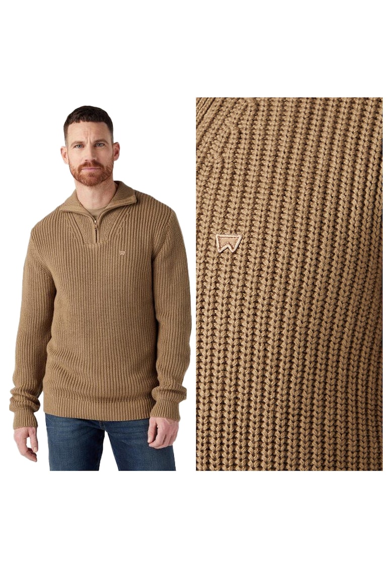 Pulover Barbati - Half Zip Knit - Regular Fit - Maneci Lungi - Guler Inalt - Design Simplu - Bumbac - Bej - Bej
