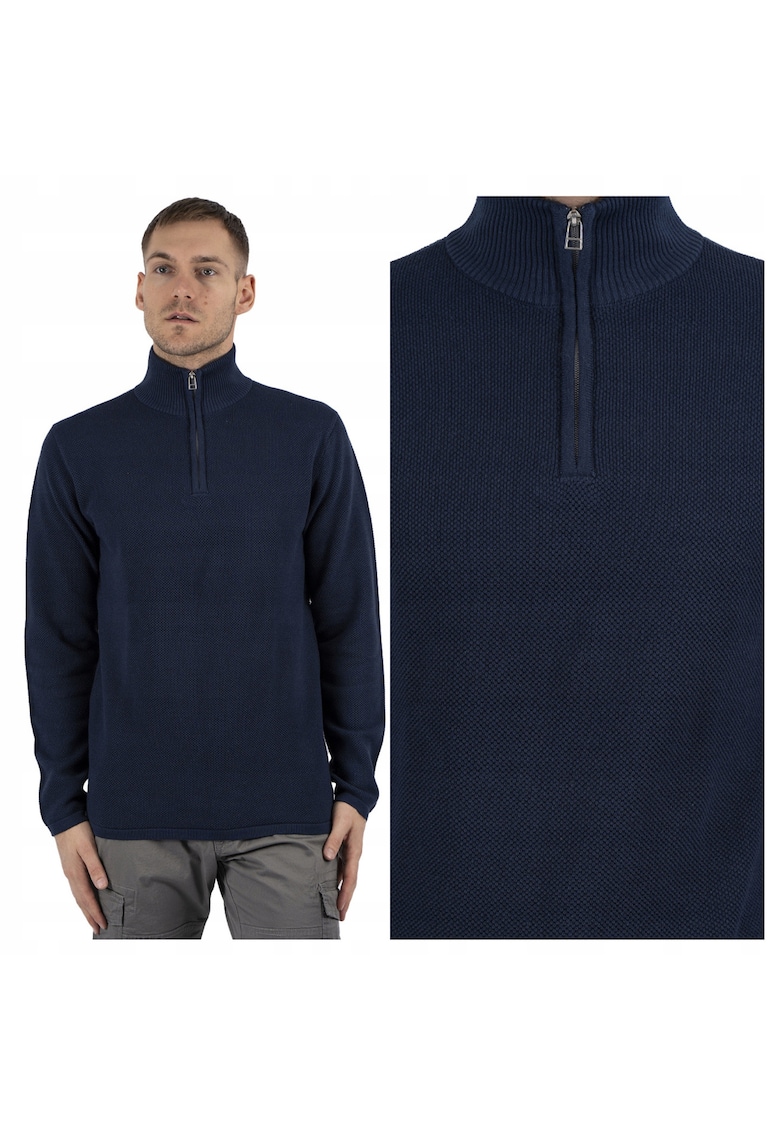 Pulover Barbati - Langdon Half Zip - Regular Fit - Maneci Lungi - Guler Inalt - Design Simplu - Bumbac - 3XL - Albastru