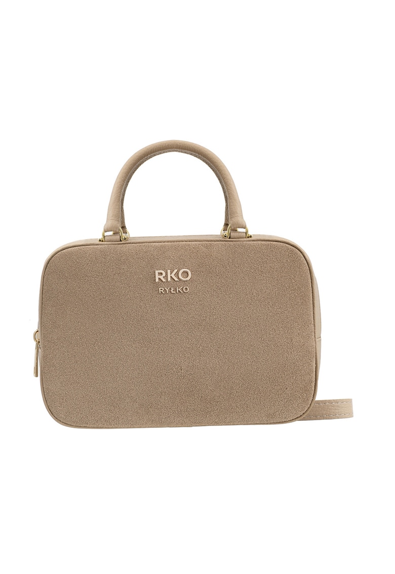 Geanta crossbody din piele si piele intoarsa cu fermoar - Bej inchis