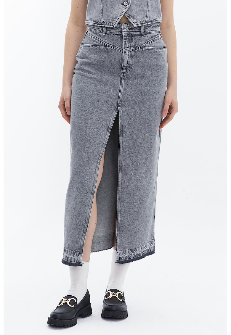 Fusta din denim cu slit pe partea din fata - Albastru melange