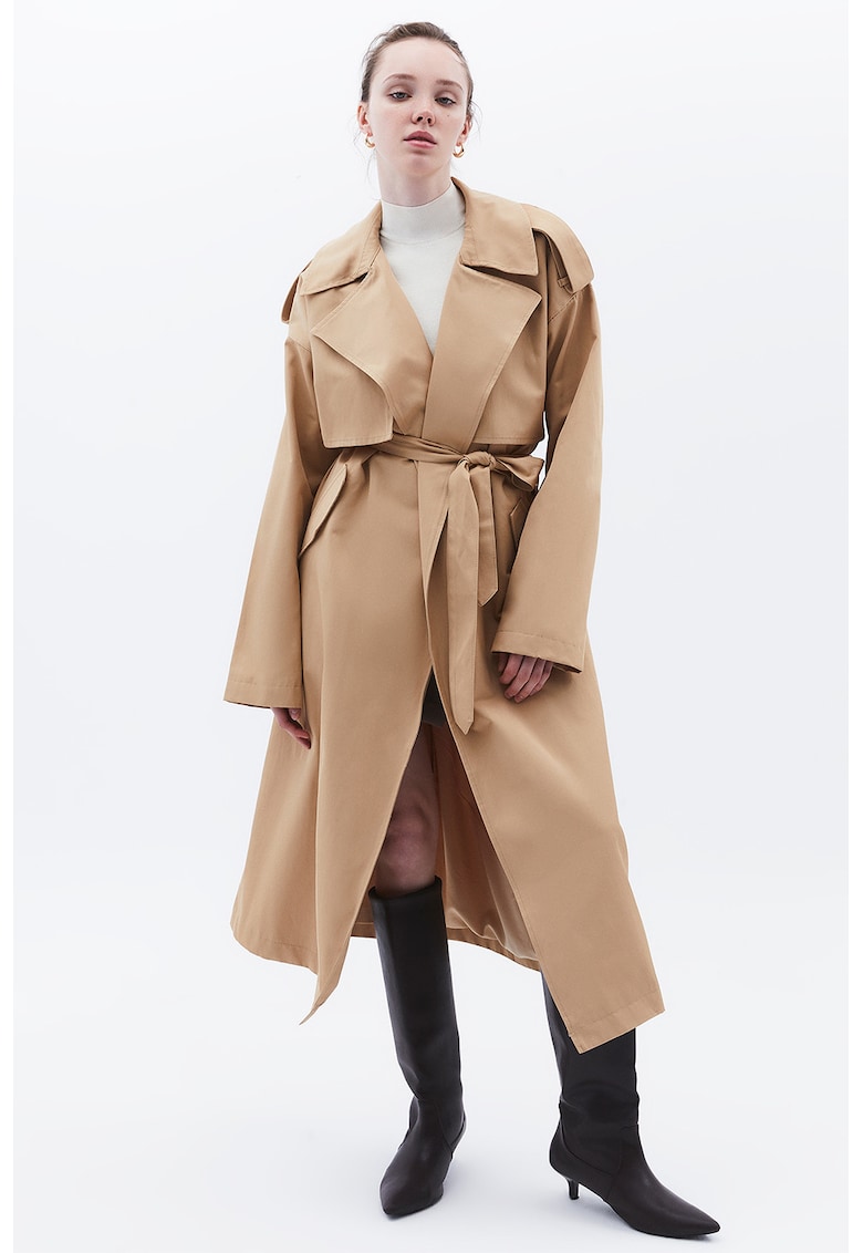 Trenci din amestec de bumbac cu inchidere cu cordon - Maro deschis