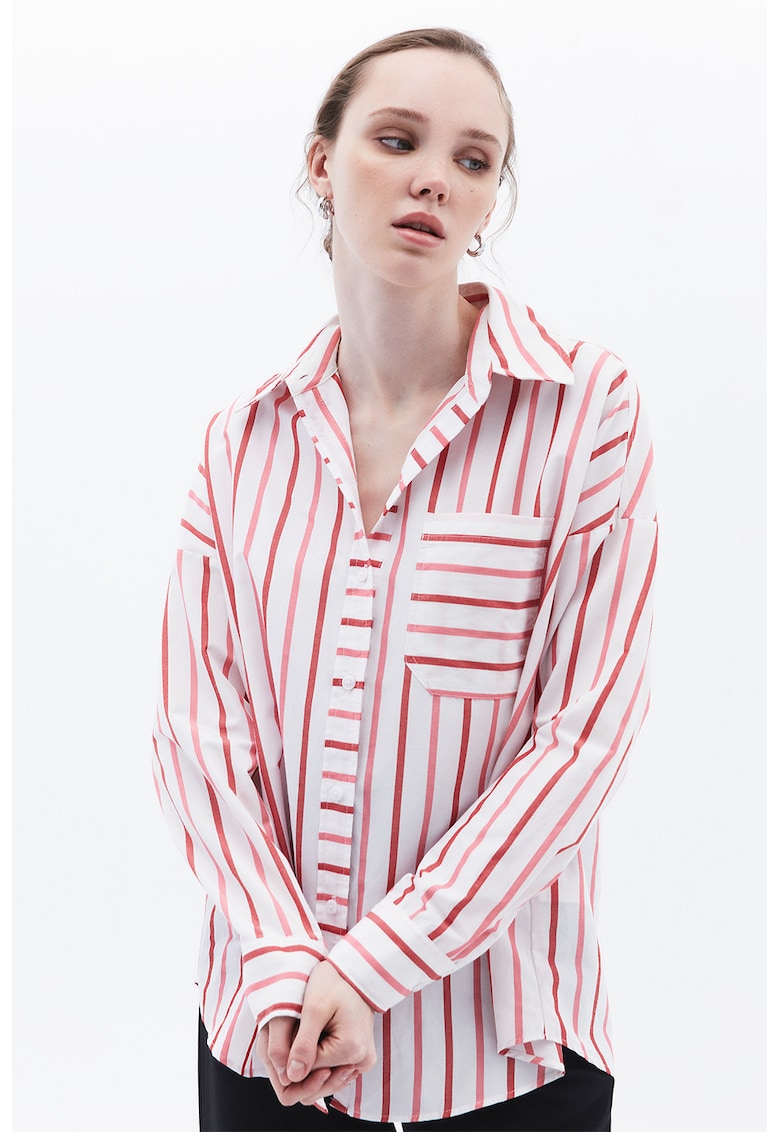 Camasa cu model in dungi si buzunar pe piept - Rosu/Alb optic