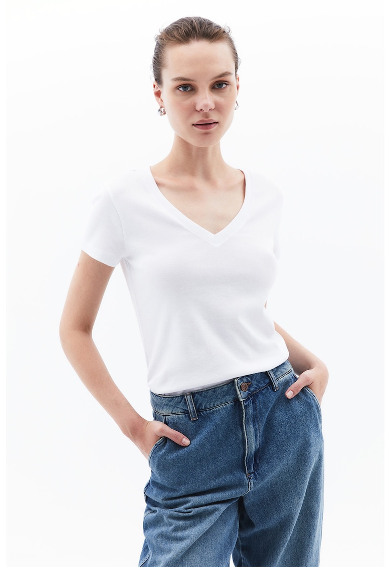 Tricou din bumbac cu decolteu in V - Alb optic