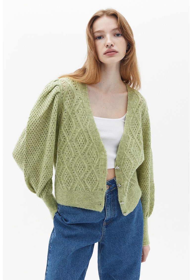Cardigan cu perforatii si maneci bufante - Verde pal