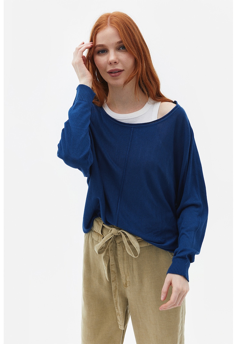 Pulover tricotat fin cu decolteu rotund - Albastru inchis