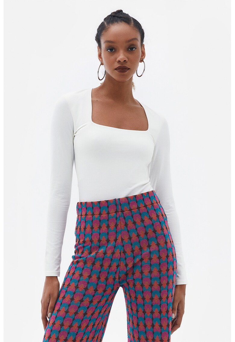 Bluza din amestec de bumbac cu decolteu patrat - Alb