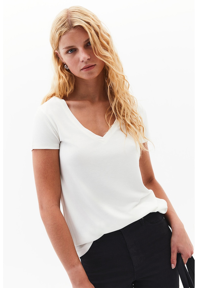 Tricou din amestec de modal cu decolteu in V - Alb optic