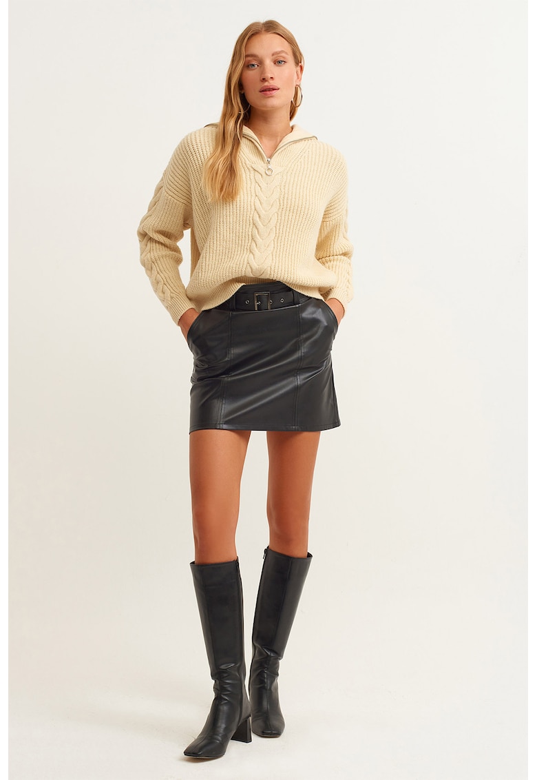 Fusta mini din piele ecologica cu curea in talie - Negru