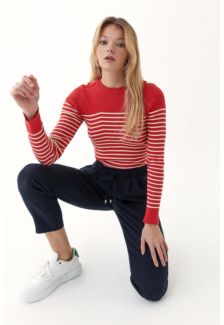 Pulover din amestec de modal si bumbac cu model in dungi - Alb/Rosu vermillion