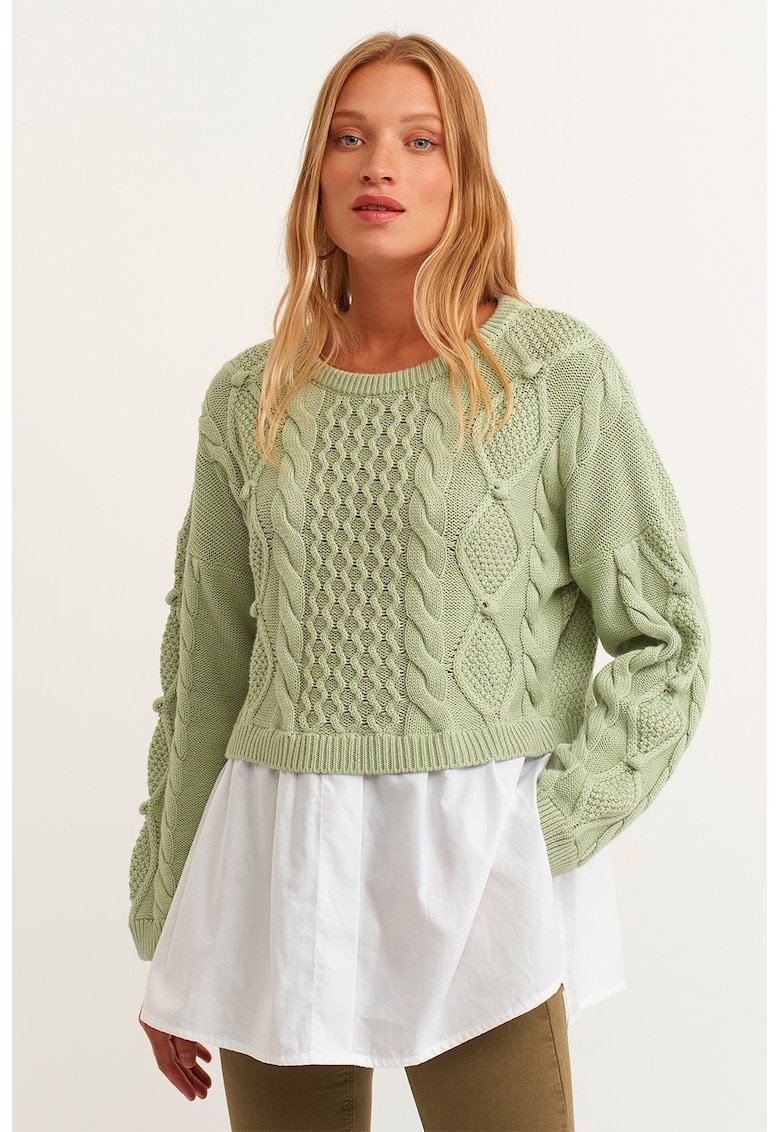Pulover combi cu model torsade - Alb/Verde pal