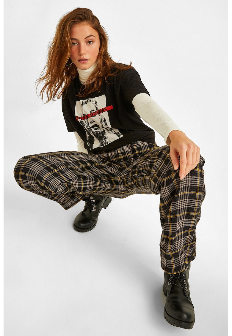 Pantaloni cu croiala dreapta si model in carouri - Negru/Galben pai/Alb murdar