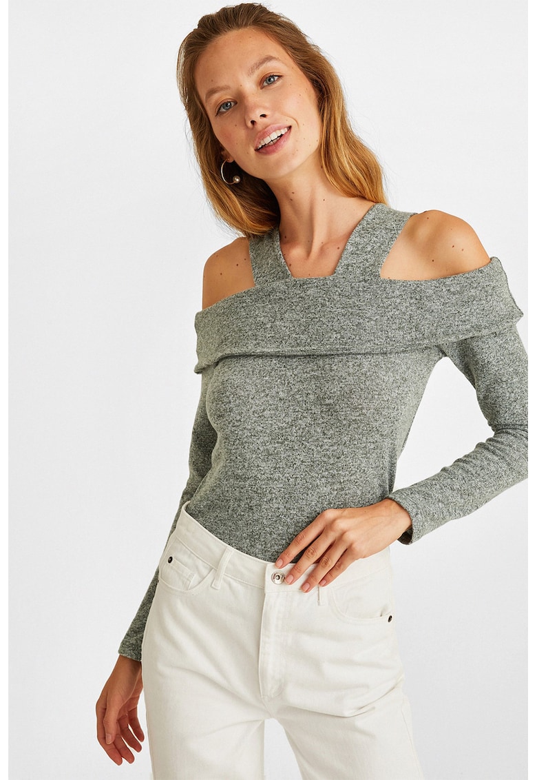 Pulover slim fit cu decupaje pe umeri - Verde melange