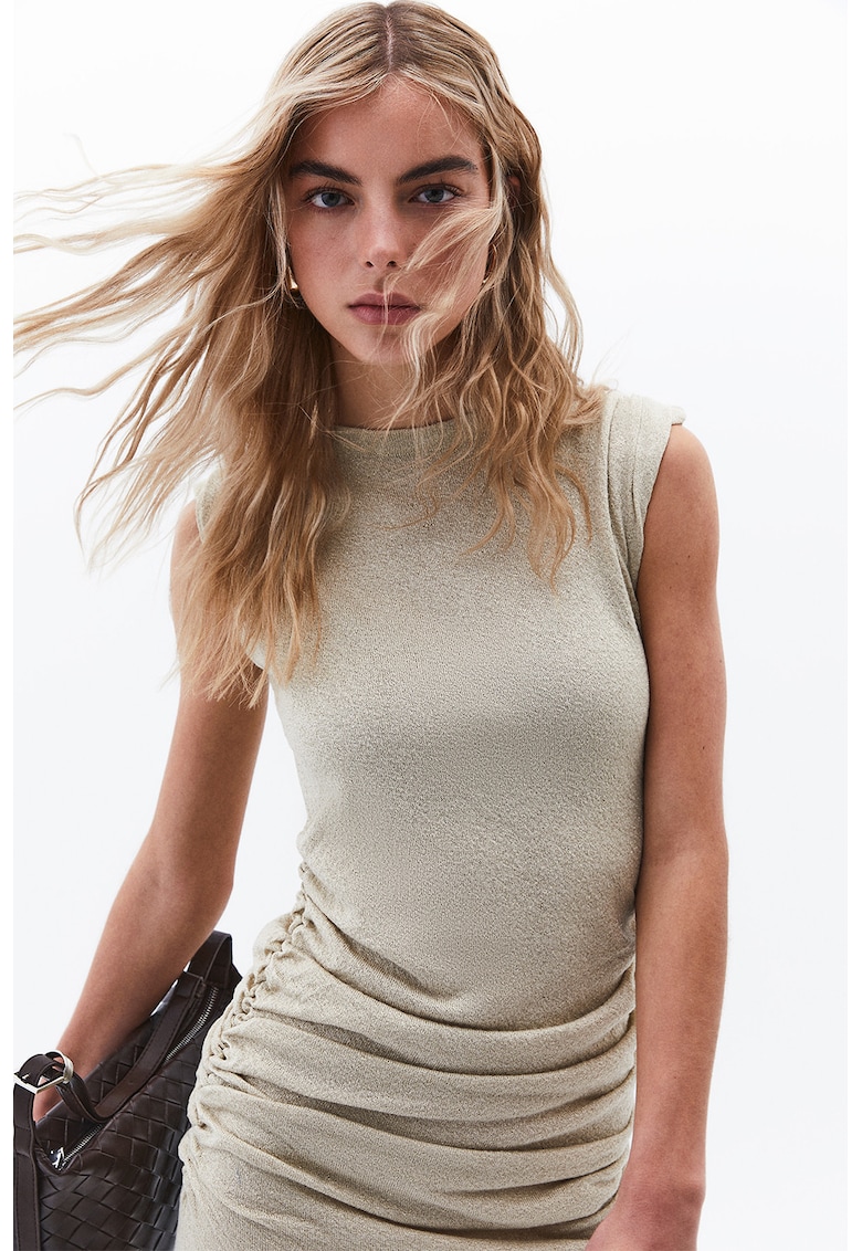 Rochie midi cu croiala pe bie si detalii drapate - Auriu