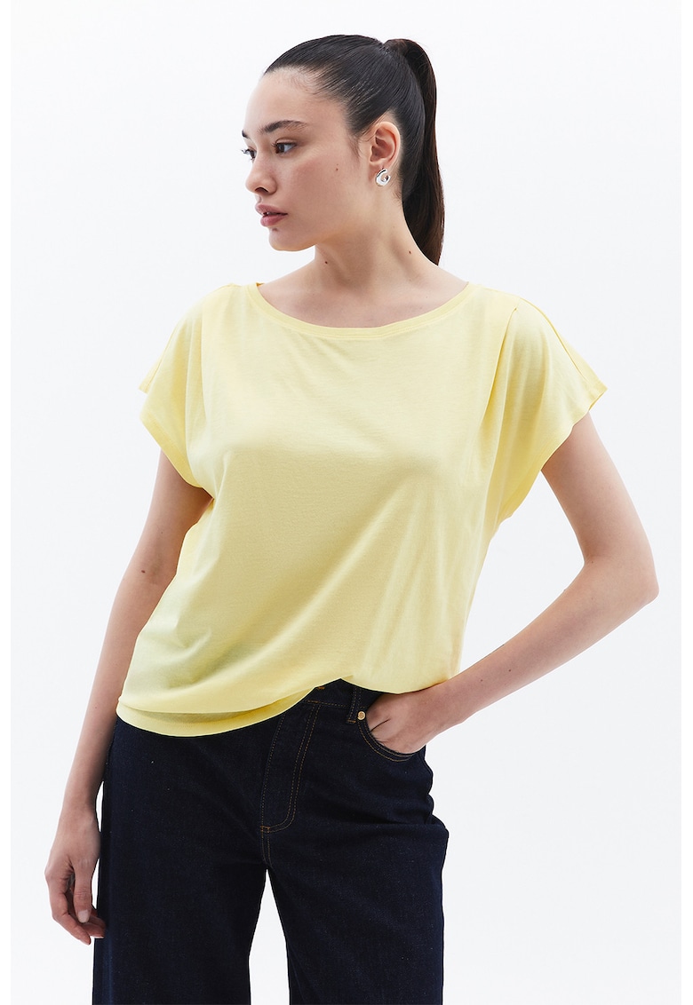 Tricou din bumbac si modal cu model uni - Galben pai