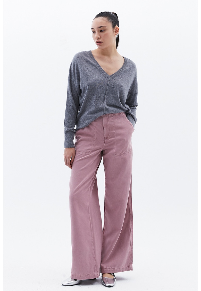 Pantaloni din amestec de lyocell cu croiala ampla si talie inalta - Roz prafuit