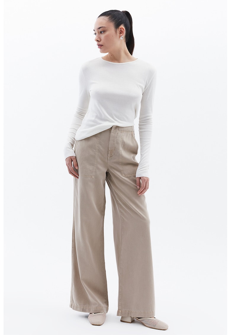 Pantaloni din amestec de lyocell cu croiala ampla si talie inalta - Bej deschis