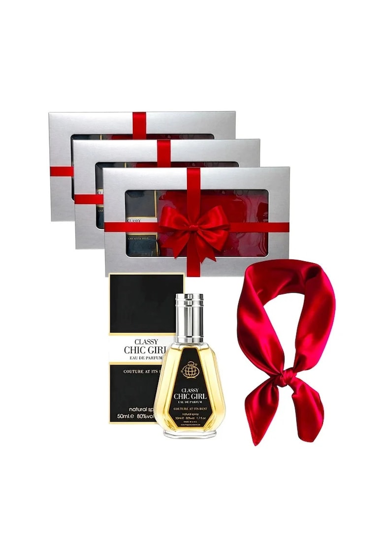 3 x Set Elysa – Apa de Parfum Classy Chic Girl 50ml - Esarfa satinata rosie