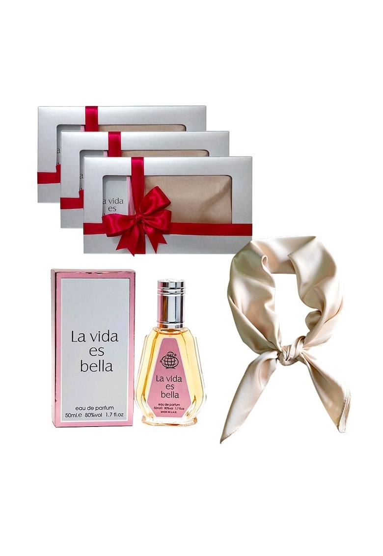 3 x Set Elysa – Apa de Parfum La Vida es Bella 50ml - Esarfa satinata crem