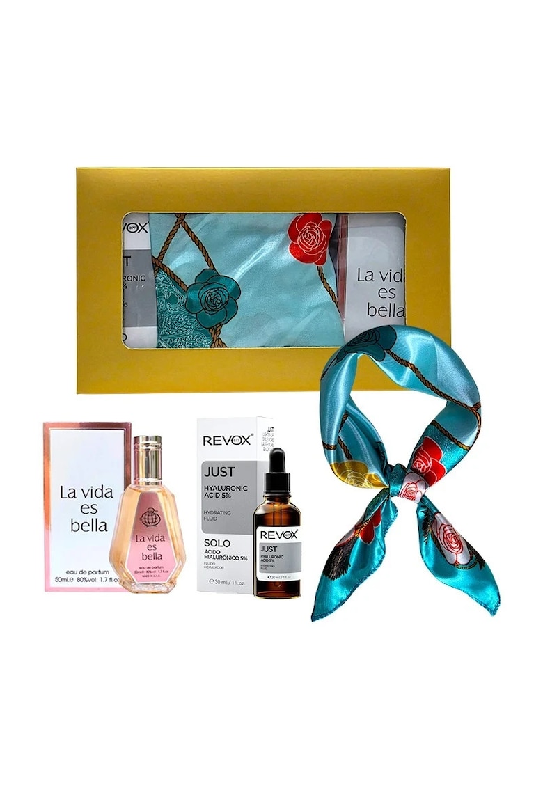 Set Elysa – Parfum La Vida es Bella 50ml - Ser Revox Hyaluronic Acid 5% 30ml - Esarfa bleu