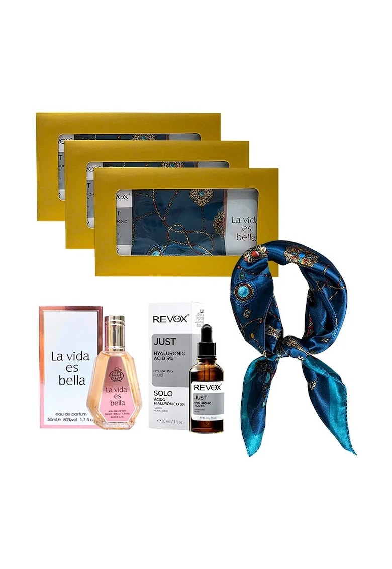 3 x Set Elysa - Apa de Parfum La Vida es Bella 50ml Femei - Ser Revox Hyaluronic Acid 5% 30ml - Esarfa