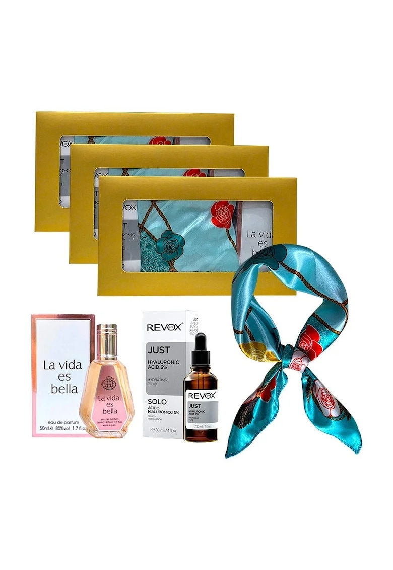 3 x Set Elysa – Apa de Parfum La Vida es Bella 50ml - Ser Revox Hyaluronic Acid 5% 30ml - Esarfa bleu