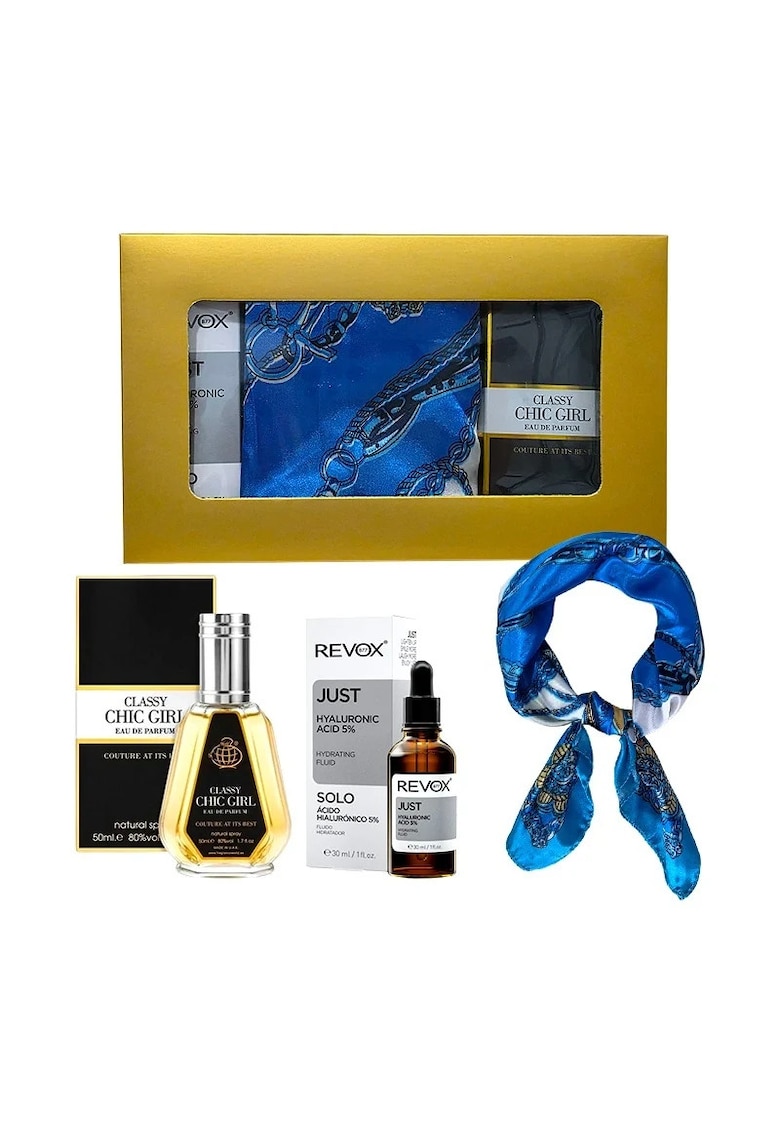 Set Elysa – Apa de Parfum Classy Chic Girl 50ml - Ser Revox Hyaluronic Acid 5% 30ml - Esarfa albastra