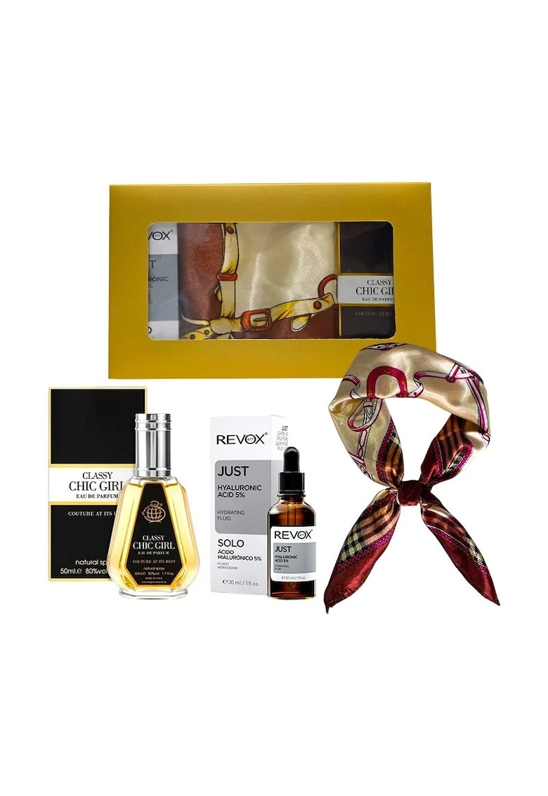 Set Elysa – Ser Revox Hyaluronic Acid 5% 30ml - Apa de Parfum Classy Chic Girl 50ml - Esarfa crem satinata