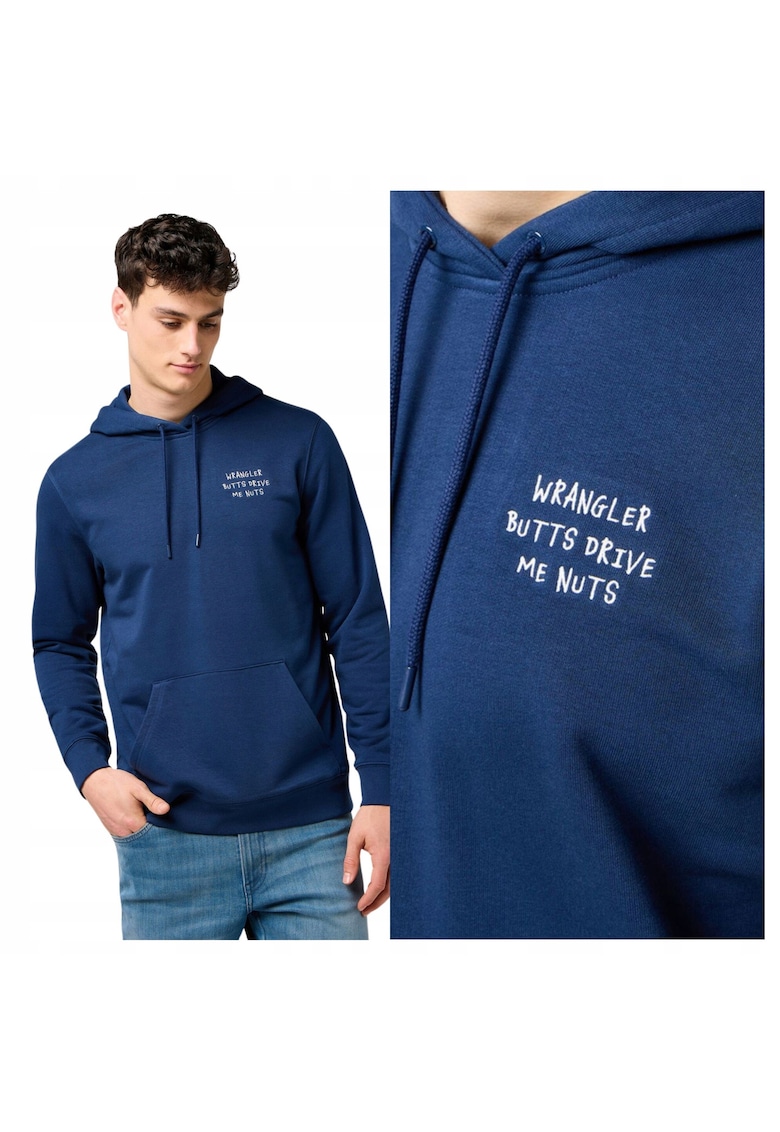 Hanorac Barbati - Embroidery Hoodie - Regular Fit - Design Clasic - Cu Logo - Maneci Lungi - Cu Gluga - Bumbac - Albastru - Albastru