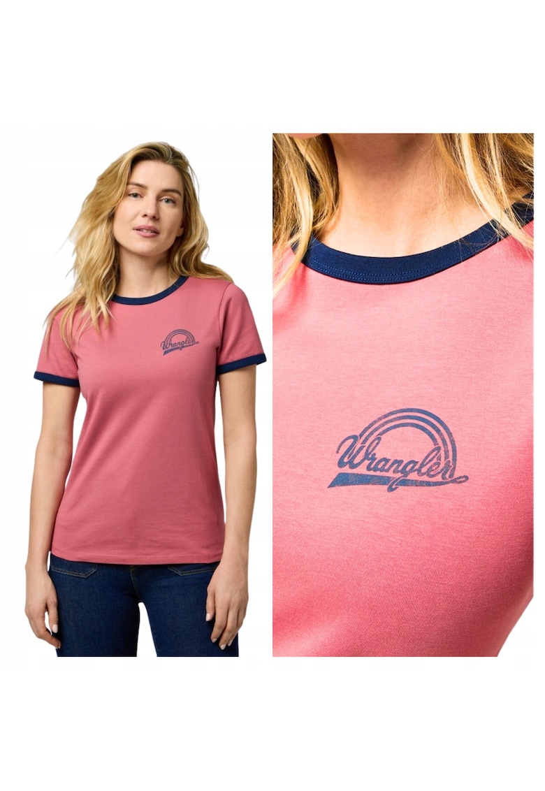 Tricou Femei - Ringer Tee - Regular Fit - Maneci Scurti - Design Simplu - Cu Logo - Bumbac - Roz - Roz