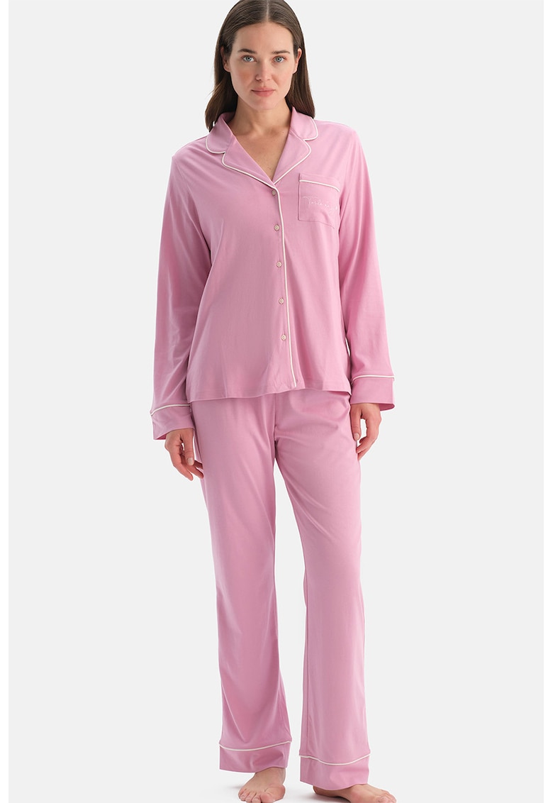 Pijama din bumbac si modal cu maneci lungi si buzunar aplicat - Roz pastel