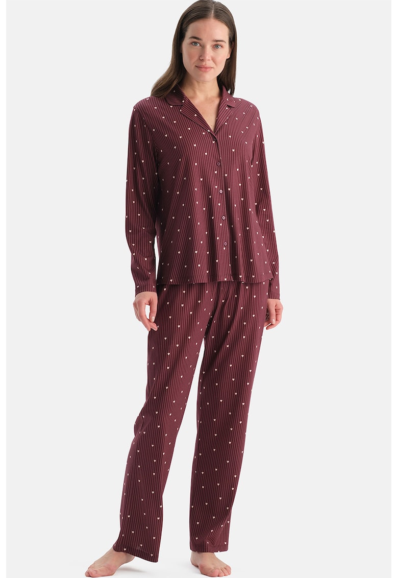 Pijama din bumbac si modal cu maneci lungi si imprimeu cu inimi - Alb/Visiniu