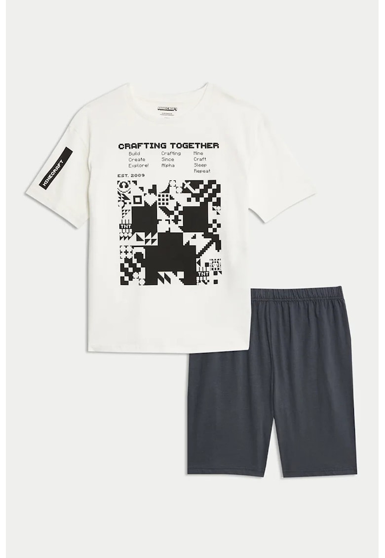 Pijama cu pantaloni scurti cu imprimeu Minecraft - Alb murdar/Gri inchis