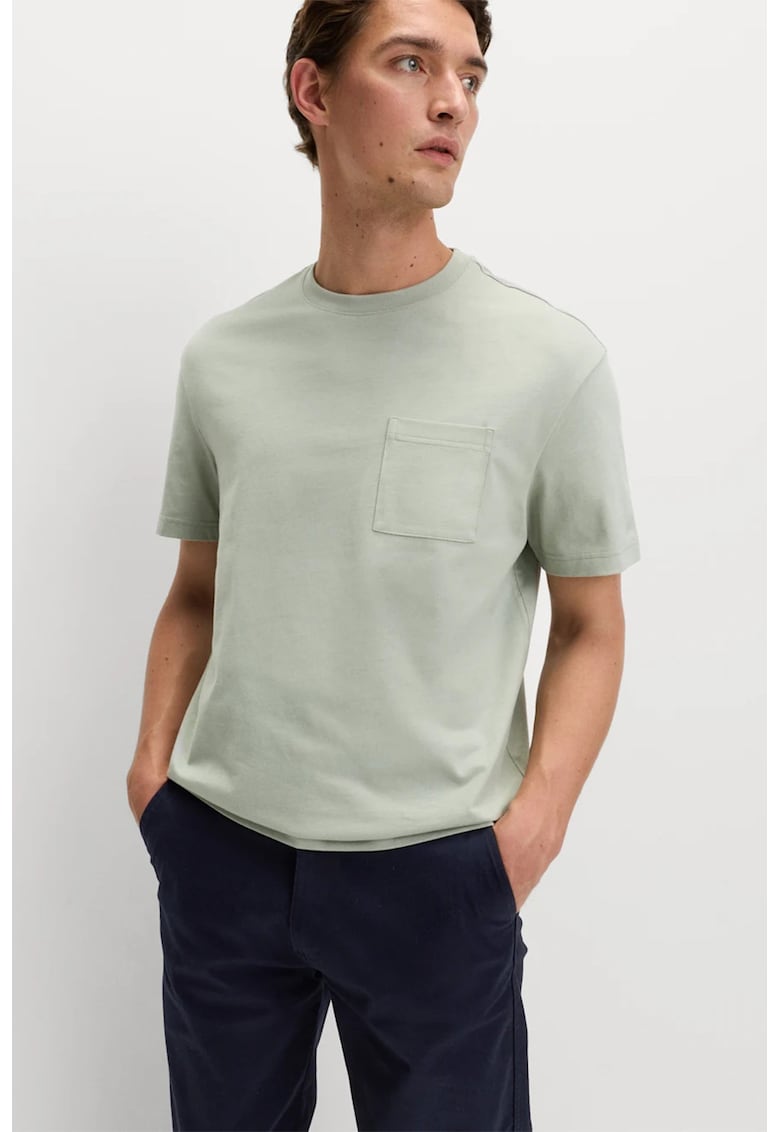 Tricou de bumbac cu buzunar aplicat pe piept - Verde pal