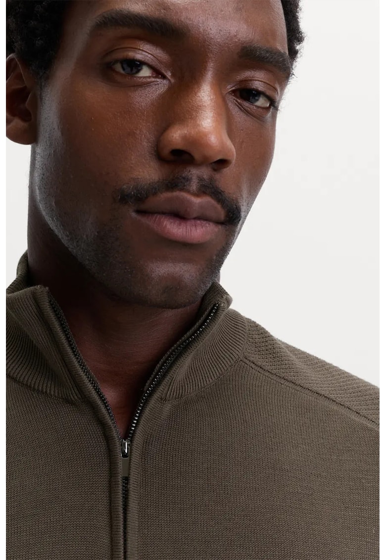 Pulover din modal si bumbac cu fermoar scurt - Maro taupe