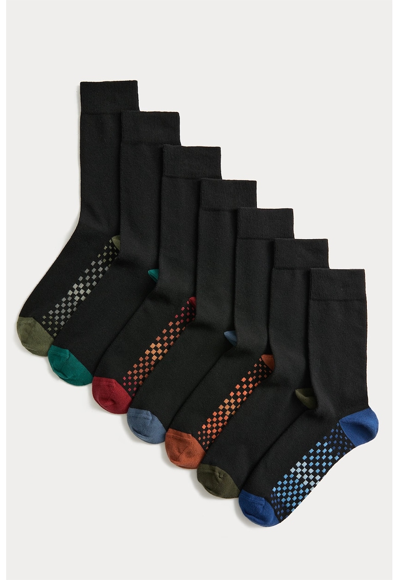 Set de sosete lungi cu garnituri contrastante - 7 perechi - Negru