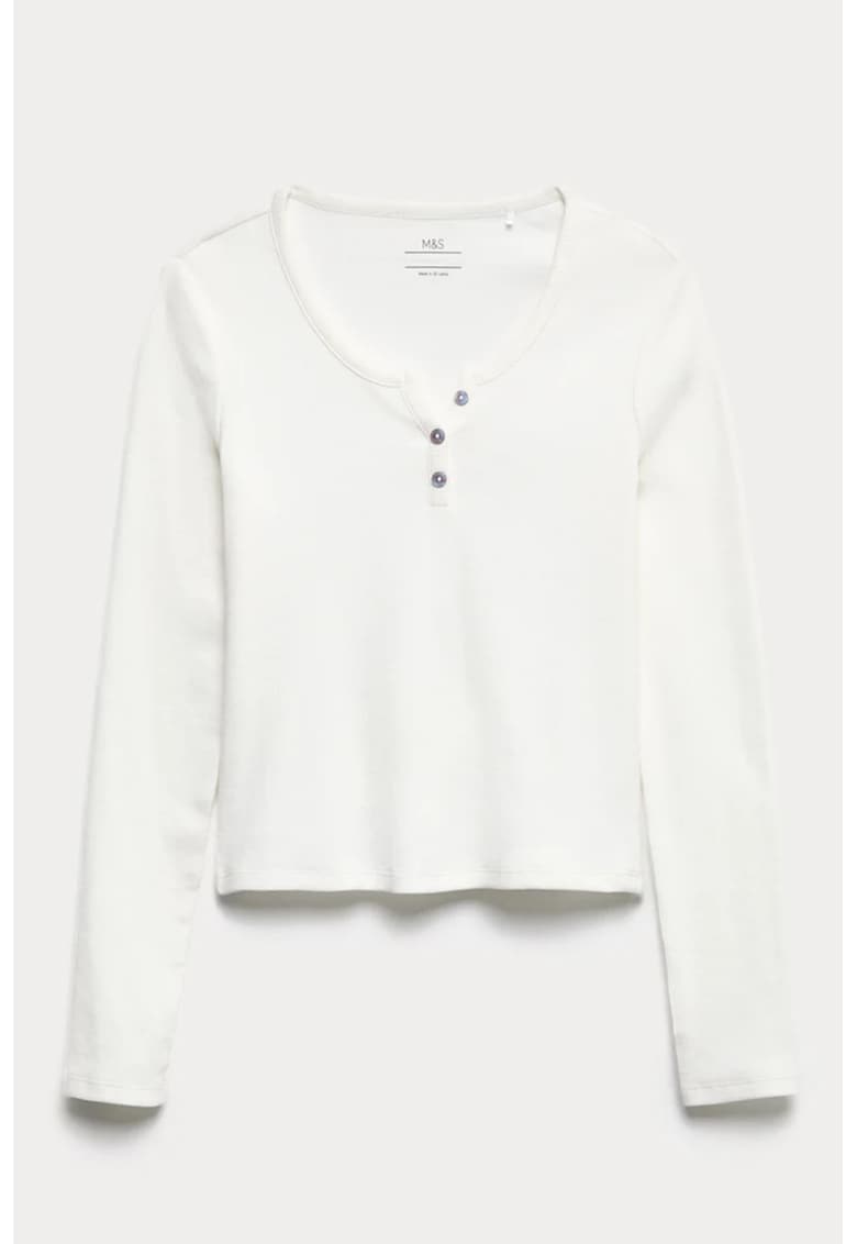 Bluza din amestec de bumbac cu decolteu rotund - Alb fildes