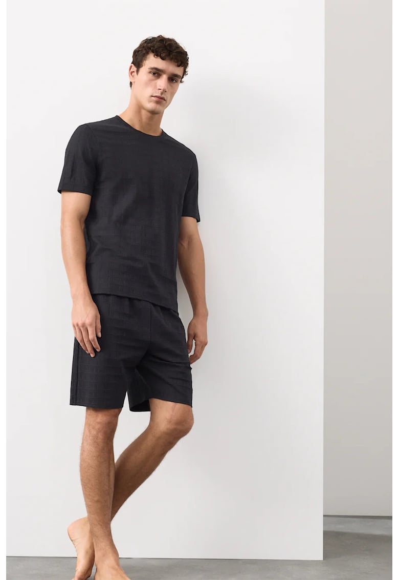 Tricou de pijama din amestec de bumbac cu aspect texturat - Negru