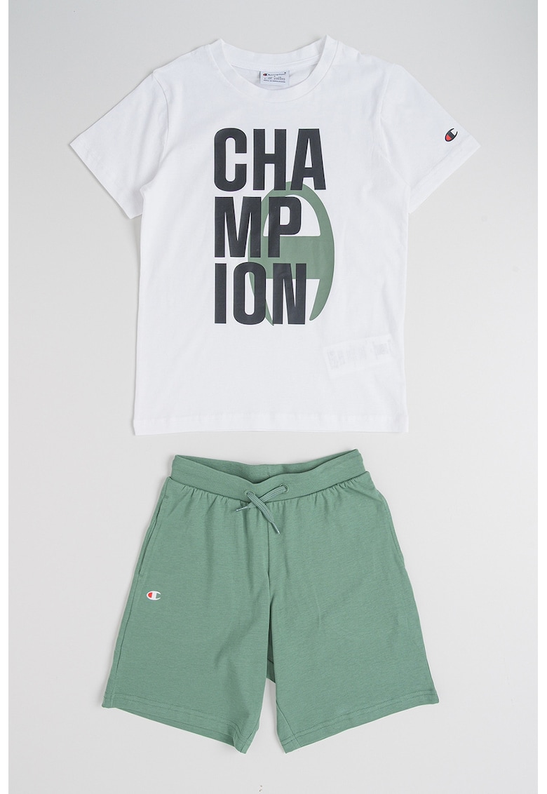Set de tricou cu logo si pantaloni scurt cu snur - Alb/Verde sparanghel