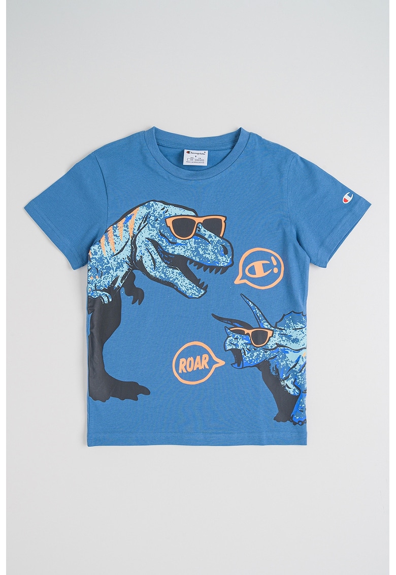 Tricou cu decolteu rotund Dinosaur - Albastru prafuit/Portocaliu neon